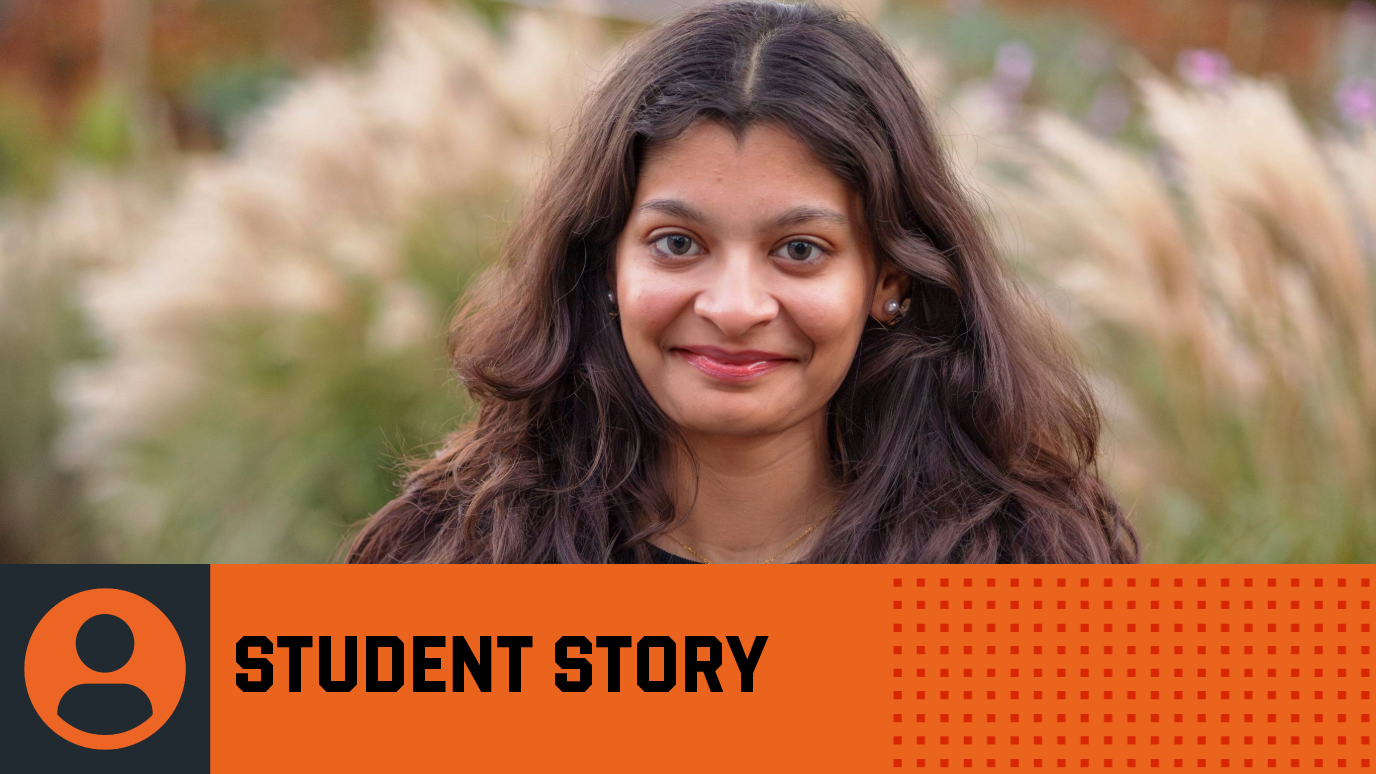 Image of postgraduate student Heer smiling with orange 'Student Story' graphic banner