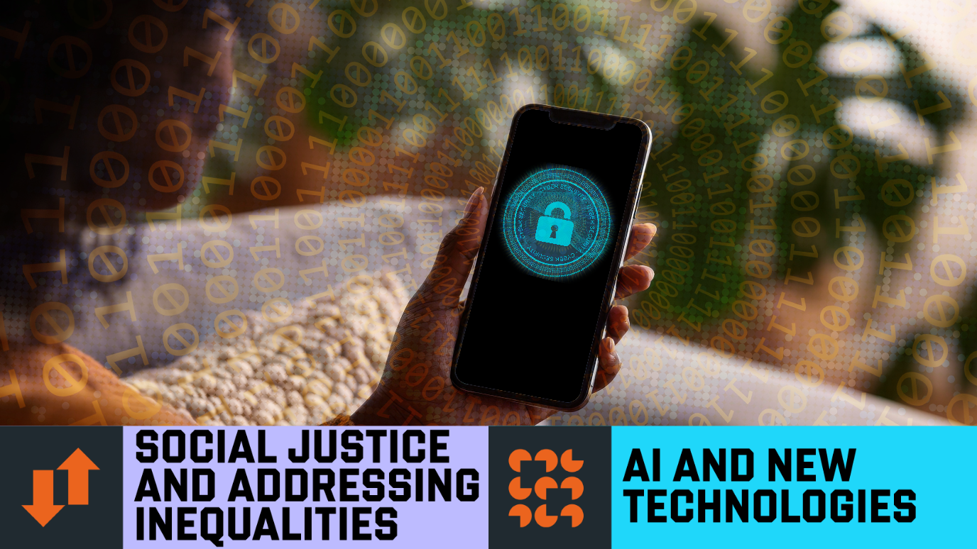 Woman looking at phone with overlaid cybersecurity concept based on numbers - Research Stories Hero - Social Justice and Addressing Inequalities and AI and new technologies banner and icoons 