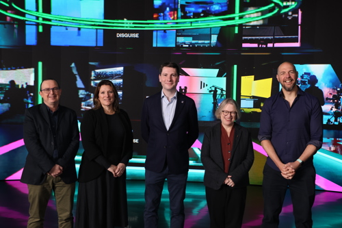 Futures Studio Launch. Pictured, left to right: Prof. Ade Woolard, Director of Technology; Sarah Smyth, Director of Operations; Councillor Matt Furniss, Cabinet Member for Highways, Transport and Economic Growth, Surrey County Council; Prof. Julie Sanders, Vice-Chancellor and Principal, Royal Holloway, University of London; Prof. James Bennett, Director, CoSTAR National Lab & Associate Pro-Vice Chancellor (Creative Industries)